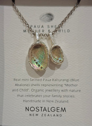 Pāua Shell Mother & Child Pendant - Extra Long Chain - Silver