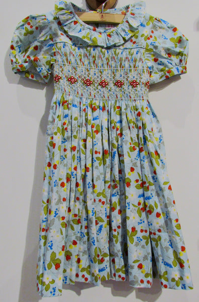 Hand-Smocked Infant and Children's Dress - Blue with Strawberries