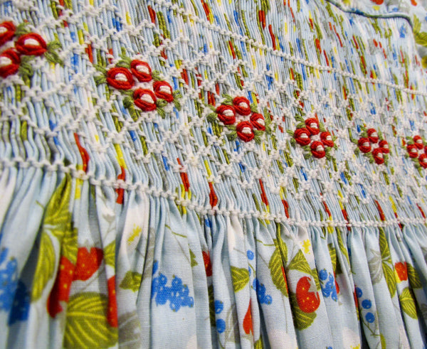 Hand-Smocked Infant and Children's Dress - Blue with Strawberries