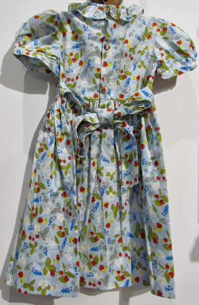 Hand-Smocked Infant and Children's Dress - Blue with Strawberries