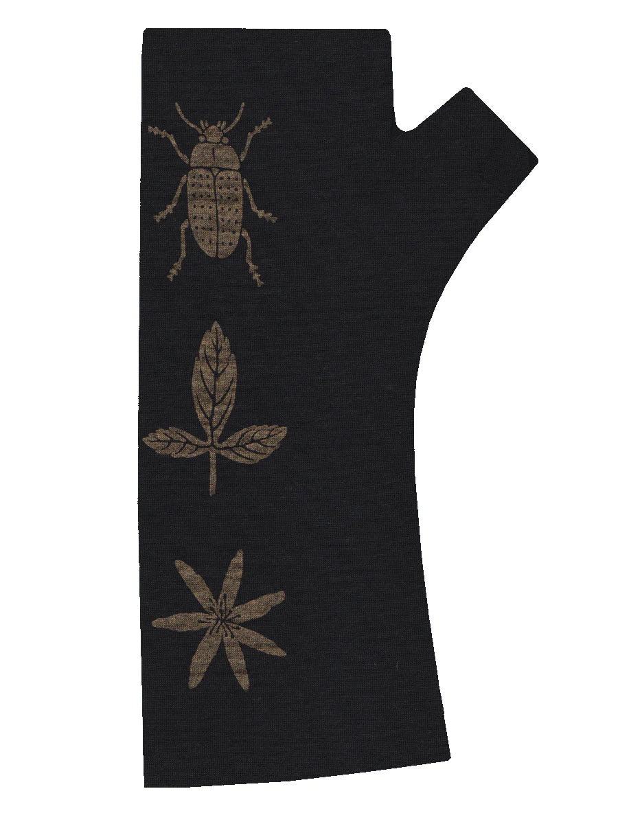 Fingerless Merino Gloves - Black Beetle Print