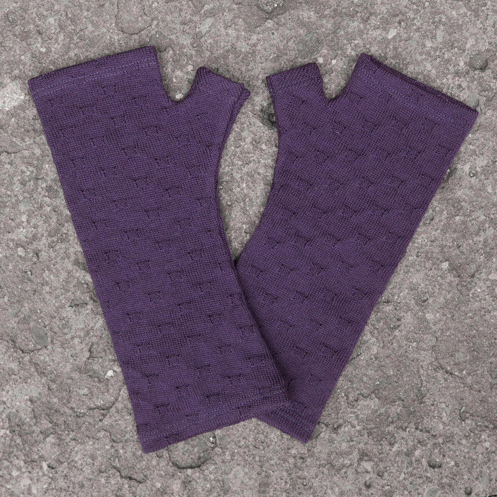 Fingerless Merino Gloves - Purple Cross Knit