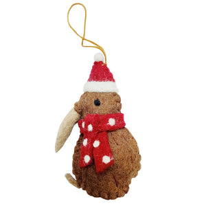 Fairtrade Felted Christmas Decoration - Kiwi with Santa Hat & Scarf