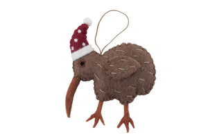 Fairtrade Felted Christmas Decoration - Kiwi Bird with Santa Hat