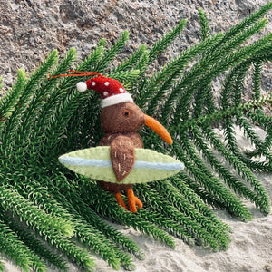 Fairtrade Felted Christmas Decoration - Santa Kiwi with Surfboard