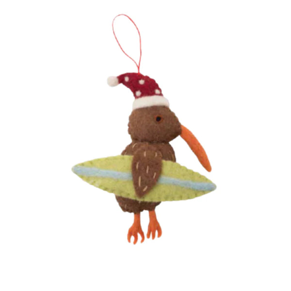 Fairtrade Felted Christmas Decoration - Santa Kiwi with Surfboard