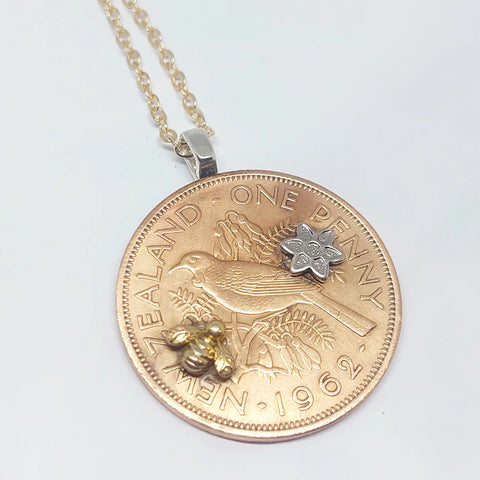 One Penny Pendant - Bee & Flower - Reminted