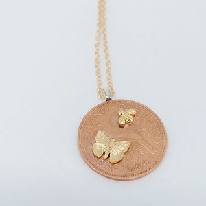 One Penny Pendant - Butterfly & Bee - Reminted